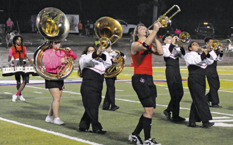 THE SOMERVILLE YEGUA BAND performed during halftime of the Somerville-Burton football game last Friday night at Brazos Christian School. The band will be performing at the UIL Region 18/26 Marching Contest this Saturday at noon in Giddings. Tribune photo by Denise Squier