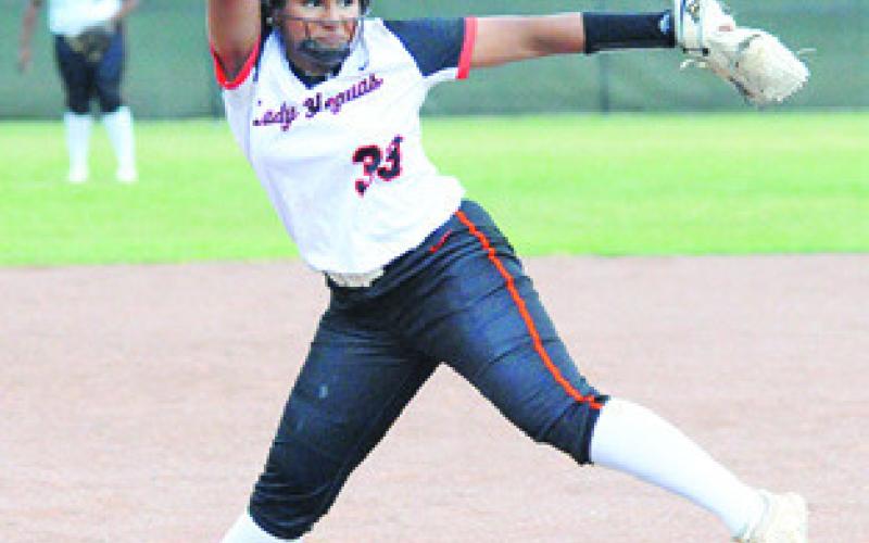 EMMA WILLIAMS pitches during the Somerville-Burton game on Friday in Somerville. Tribune photo by Denise Squier
