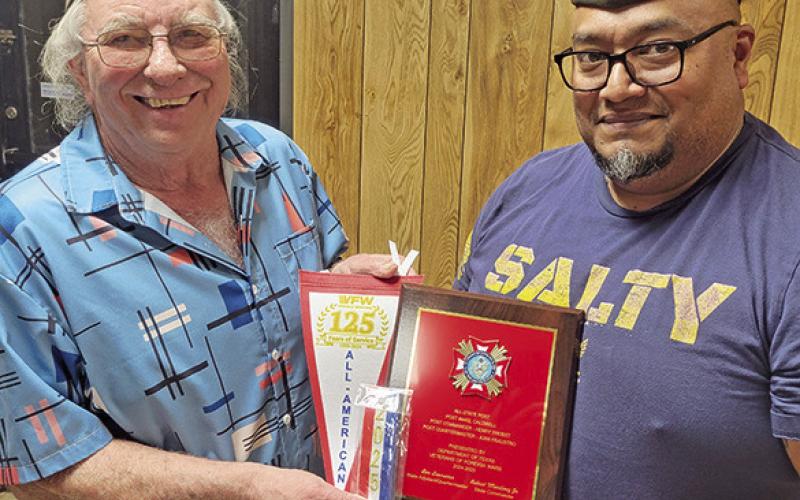 VFW POST 4458 leadership was recently recognized for 2025 All-State and All-American status. This included meeting requirements for membership, community service and participation in VFW programs. Pictured are Commander Henry Probst and Quartermaster Juan Fraustro. Photo courtesy of VFW Post 4458