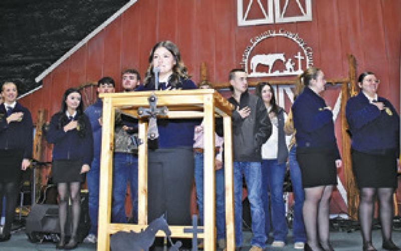 BURLESON COUNTY’S 4-H and FFA leaders gather on stage for the annual Ag breakfast at the Burleson County Cowboy Church. Tribune photo by Roy Sanders