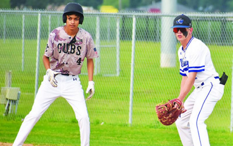 KADE JUNEK OF Snook waits for the play at first base in the Bluejays’ 11-1 win over Round Top-Carmine last Friday.