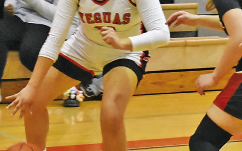 VIVIANNA MUNOZ dribbles down the court during the Somerville-Burton game. Tribune photo by Roy Sanders