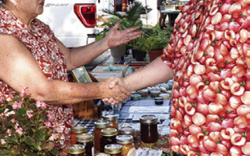 BETH MORRIS of Plethora Farms greets TV star Michael Marks, Your Produce Man, on Saturday at the Farmers Market in downtown Caldwell.