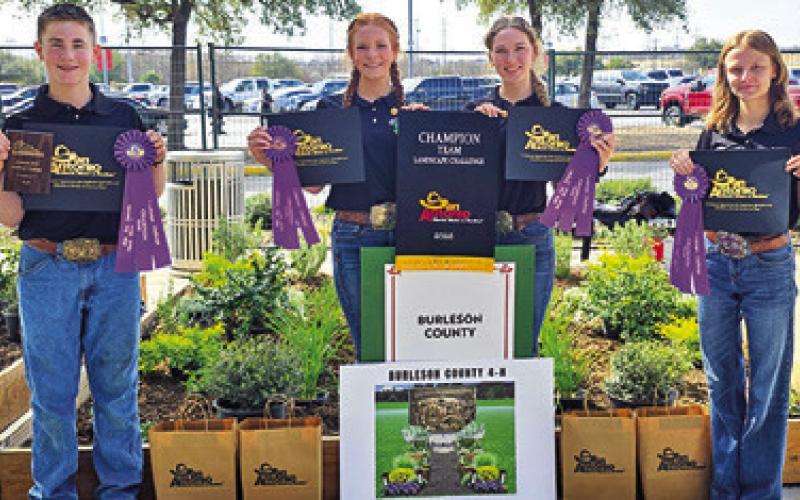 BURLESON COUNTY 4-H won the landscape design contest for the sixth time at this year’s San Antonio Stock Show and Rodeo. Team members included: Keslee Canon, Cayle Canon, Ava Fry and Haley Sears Photo courtesy of Maleigh Canon