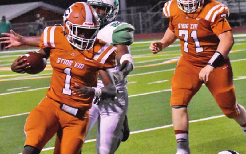 JAMAR HEWITT OF Caldwell carries the ball against Hempstead. Caldwell improved to 2-0 with the win. -- Tribune photo by Roy Sanders