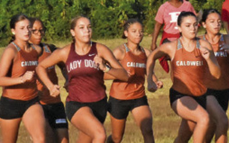 THE LADY HORNET VARSITY cross country team begins running its race at Saturday’s Caldwell XC Invitational. Tribune photo by Roy Sanders