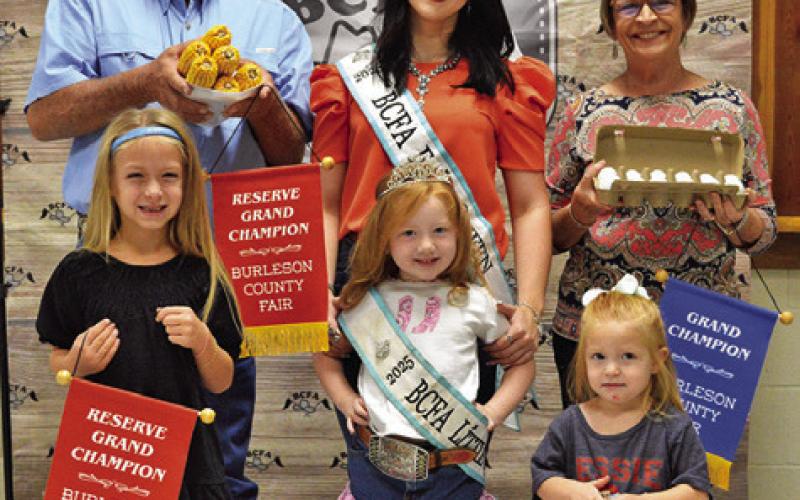 BARNEY HOMEYER WON GRAND IN Adult Horticulture- Eggs, Ruby Kovar won grand in Children’s Corner Bloopers and Trudie Kovar won reserve in Children’s Corner Creative Arts and Crafts. Also pictured are Fair Queen Kodi Hitchcock and Little Miss Taytum Hohlt. Tribune photo by Sabine Lazo