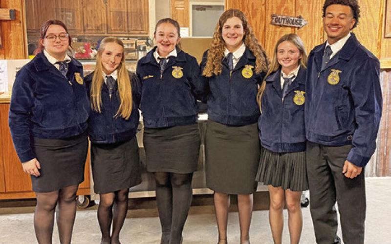 SOMERVILLE FFA OFFICERS recently attended and assisted with the annual Ag Breakfast hosted by the extension office. They visited with local community members and represented Somerville ISD well. Pictured from the left are, Destiney Hill, Aubrey Flencher, Hadley Howe, Kylie Neuendorff, Rhyan Ricci and Kyle Brooks. Photo courtesy of Somerville FFA