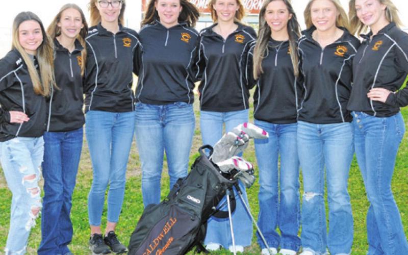 THE 2022 CALDWELL LADY HORNET GOLF team is, from left, Kate Hill, Madilyn Schneider, Alexis Zalobny, Alison Krueger, Maegan Schneider, Ciara Coker, Jordan Perkkio and Kori Archer. -- Photo courtesy of Dianne Pursch Photography