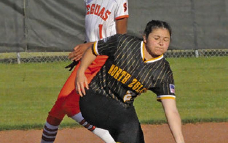 KARYS ELLIS IS safe at second base during the Somerville-North Zulch game last week. Tribune photo by Denise Squier