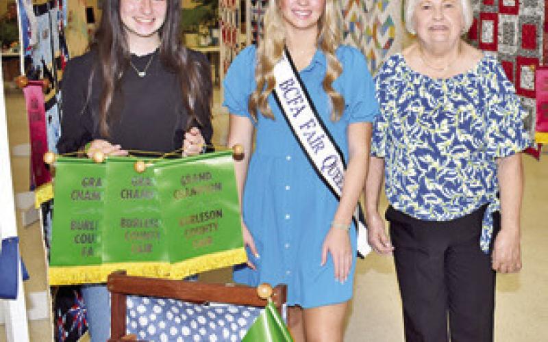 TANNA BOYKIN WON grand champion for a wood project and for photography, and Diane Gilbert won grand for a wall hanging. Burleson County Fair Queen Hadleigh Novosad is also pictured.
