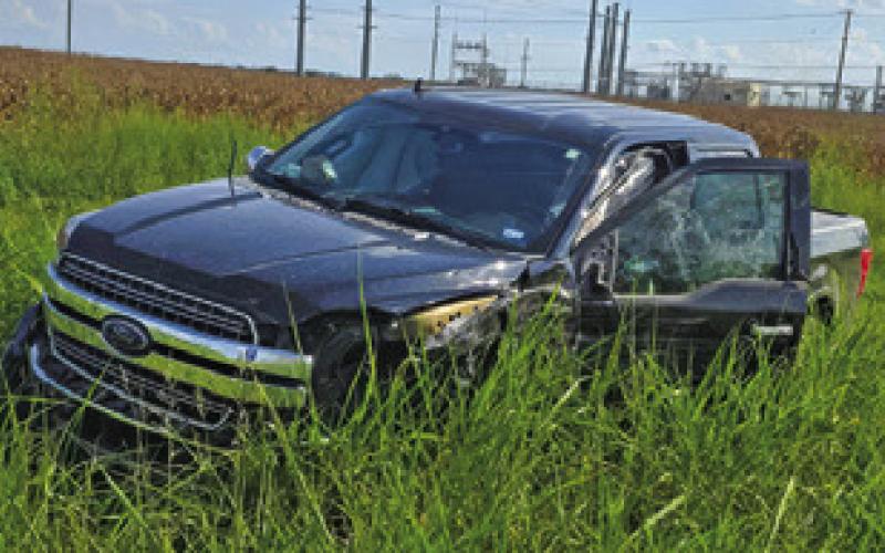 THIS TRUCK was damaged on Sunday afternoon, Aug. 3, in an accident at F.M. 60 and F.M. 50. No DPS information on the accident was available at press time. Photo courtesy of Snook VFD