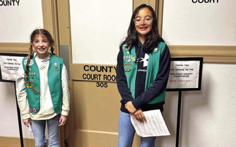 LOCAL GIRL SCOUTS ARE COLLECTING plastic bags for their plastic bag recycling project, an effort to earn their Bronze Star Award. Pictured are Kyren Plachy and Olivia Zamora. Photo courtesy of Lauren Plachy