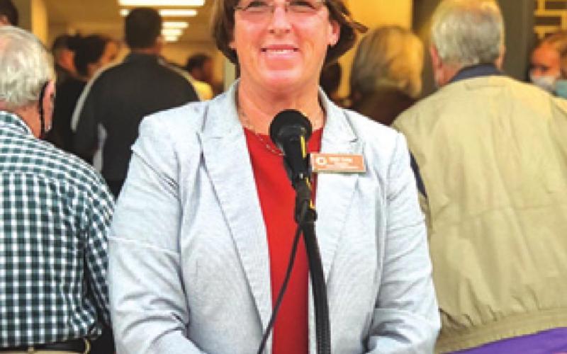 CALDWELL HIGH School Principal Vicki Ochs recently announced her upcoming retirement. She is pictured at the ribbon cutting for the new CTE addition at the campus.