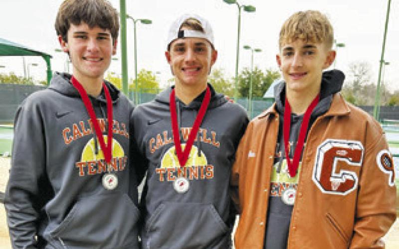 CALDWELL HIGH SCHOOL HAD THREE boys bring home silver medals from last week’s Waco High Spring Tennis Tournament. Connor Hughson and Waylon Chapman earned second in the Boys A Doubles division, and Dylan Chapman placed second in the Boys B Singles division.