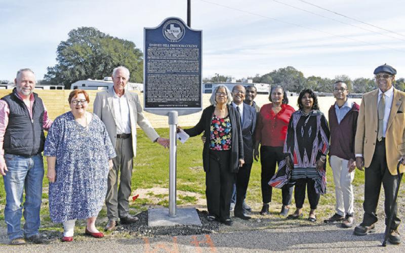 A HISTORICAL MARKER was unveiled in February 2023 for the Dabney Hill Freedom Colony. Burleson County Judge Keith Schroeder and Gloria Smith conduct the unveiling. Also pictured are Melynda Giesenschlag, Peggy Gaskamp Sanders, Sharon Prejean and Steve Tunnell. Both the church and the Ethiopian Star Lodge Masonic Hall No. 308 in Dabney Hill received grants to restore the buildings.