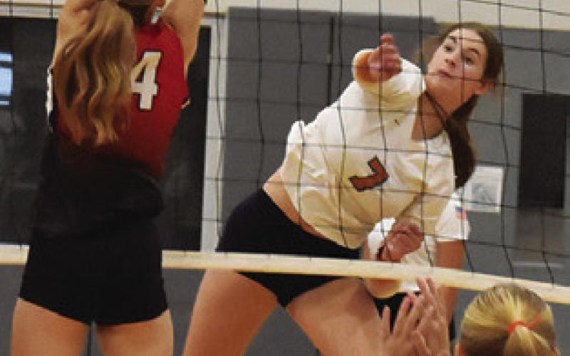 LYDIA GIESE gets the ball past a BVCHEA Homeschool blocker during Caldwell’s win Friday night. This week, Giese reached a milestone of 1,000 career assists. Tribune photo by Roy Sanders