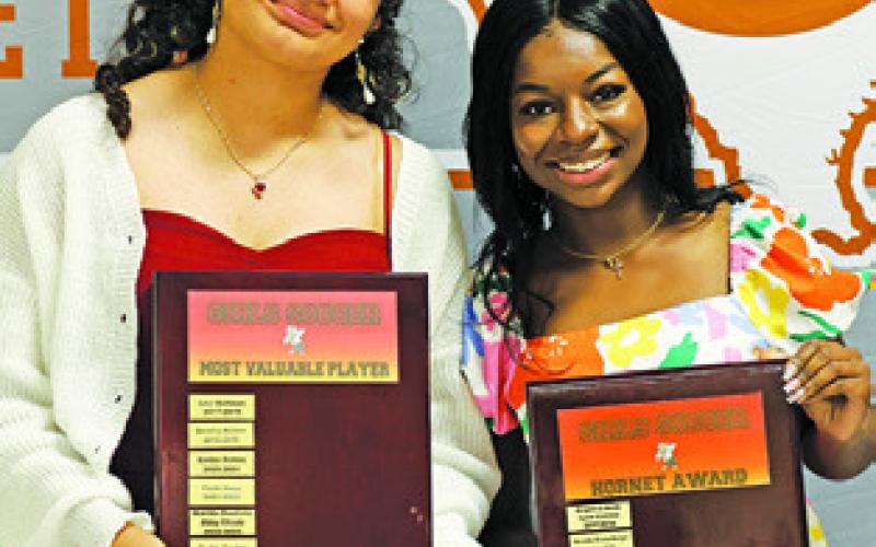 AWARD WINNERS at the recent CHS Athletic Banquet included: Girls Soccer -- Angie Lobo, MVP; and Amoree Denson, Hornet Award.