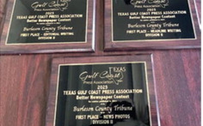 THE BURLESON COUNTY Tribune won three first place awards at the recent Texas Gulf Coast Press Association Convention News Photos, Headline Writing and Editorial Writing. The newspaper brought home 13 total awards, placing in all categories.