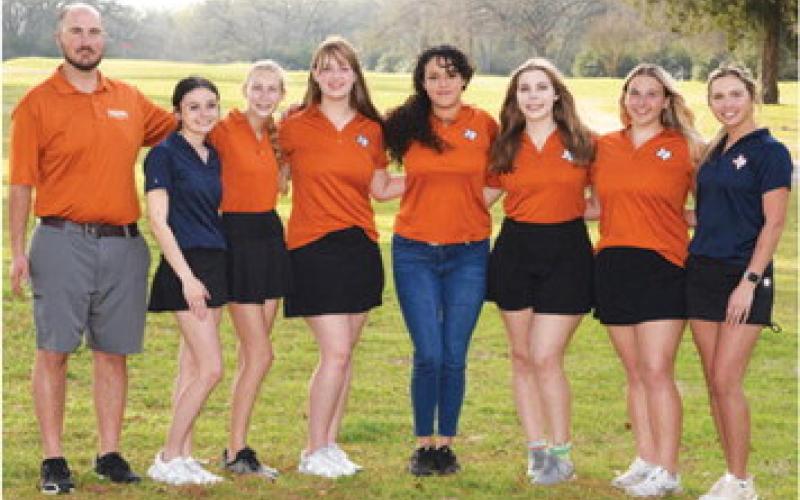 THE 2024 CALDWELL HIGH SCHOOL Lady Hornet golf team is, from left, Coach Jacob Schaefer, Kate Hill, Madilyn Schneider, Alison Krueger, Caroline Segovia, Sarah Bonoil, Tanzley Johnson and Ciara Coker. Photo courtesy of Dianne Pursch Photography
