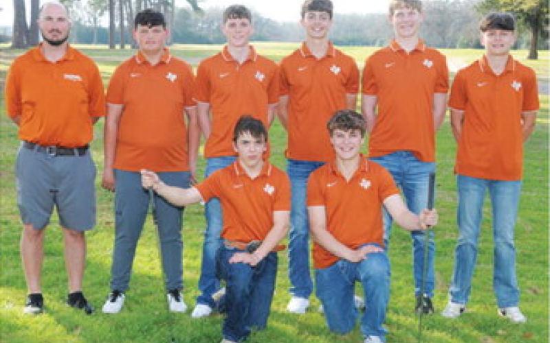 THE 2024 CALDWELL HIGH SCHOOL HORNET golf team is, from left, front, Kaden Schroeder, Kaden Fritsche, back, Coach Jacob Schaefer, Logan Barnes, Nathan Scott, Grant McManus, Harrison Novak and Cobey McCuller. Photo courtesy of Dianne Pursch Photography