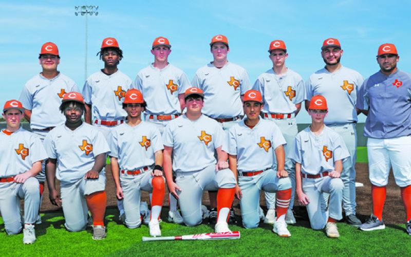 THE 2024 CALDWELL HIGH SCHOOL HORNET JUNIOR varsity baseball team is, from left, front, Grant Leubner, Kaden Robertson, Braylon Morris, Kyler Roskey, Matthew Revilla Aiden Melson, back, Izaiah Mireles, Jimmy Kearney, Cort Hildebrand, Matthew Baasen, Kaden Sain, Jesus Rangel and Coach CJ Bills. Photo courtesy of Dianne Pursch Photography