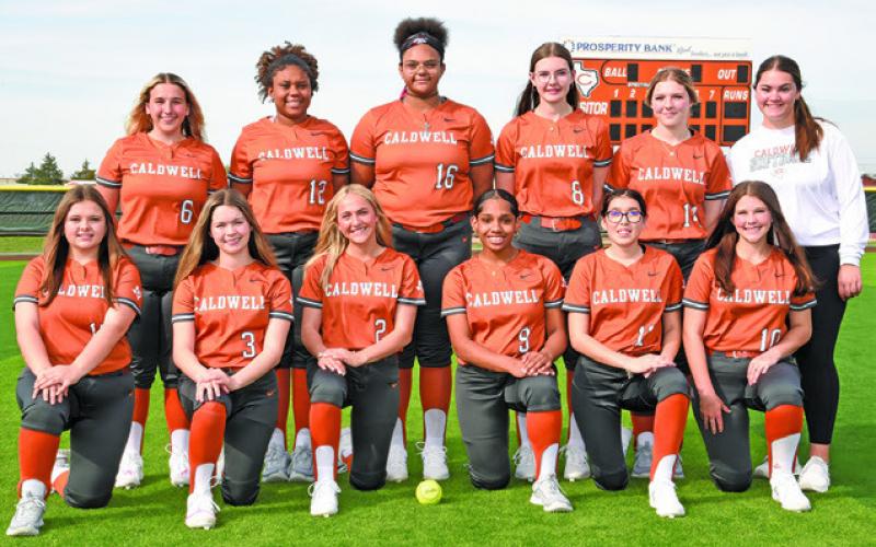 THE 2024 CALDWELL HIGH SCHOOL LADY HORNET JUNIOR varsity softball team is, from left, front, Bailey Harwell, Kameryn Hill, Kaylan Groce, Avelynn O’Riley, Abigail Qualls, Allyson Cassel, back, Tanzley Johnson, Bre’Yona Richmond, Jaylen Fisher, Larisa Foster, Natalie Buckholt and Coach Delaney Loosemore. Photo courtesy of Dianne Pursch Photography