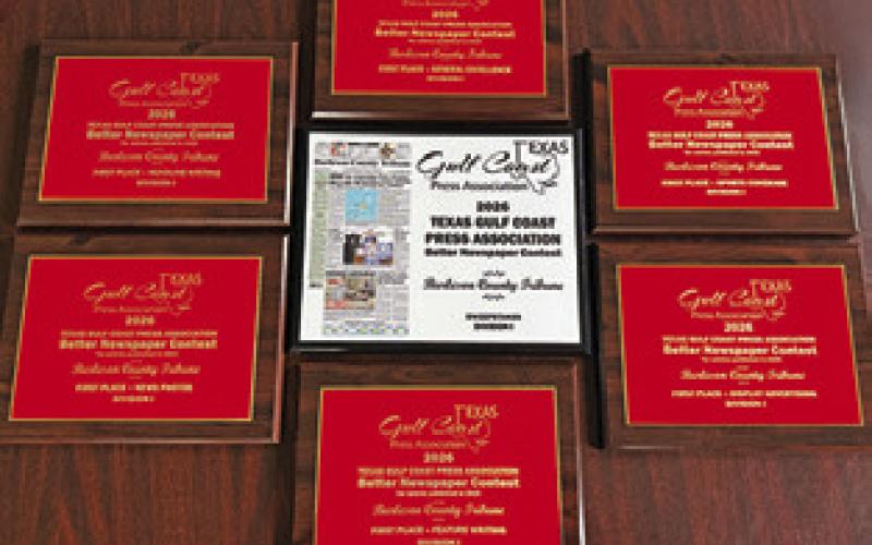 THE TRIBUNE EARNED the Sweepstakes Award (center) for top newspaper in the Texas Gulf Coast Press Association. The Tribune also won six first place awards in several individual categories in the TGCPA Better Newspaper Contest for editions from 2025.