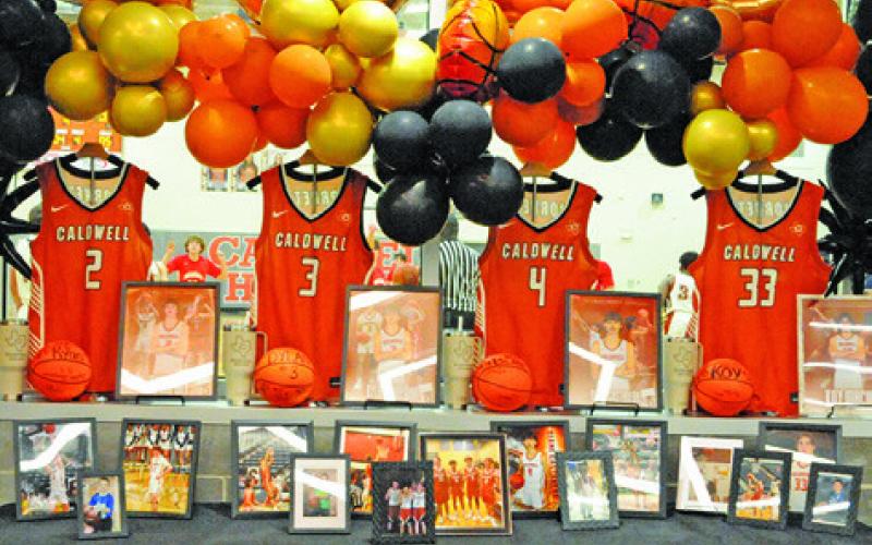 JERSEYS OF CALDWELL’s four seniors are displayed. The seniors included Dylan Chapman, Koy Macik, Blane Castaneda and Ryan See.