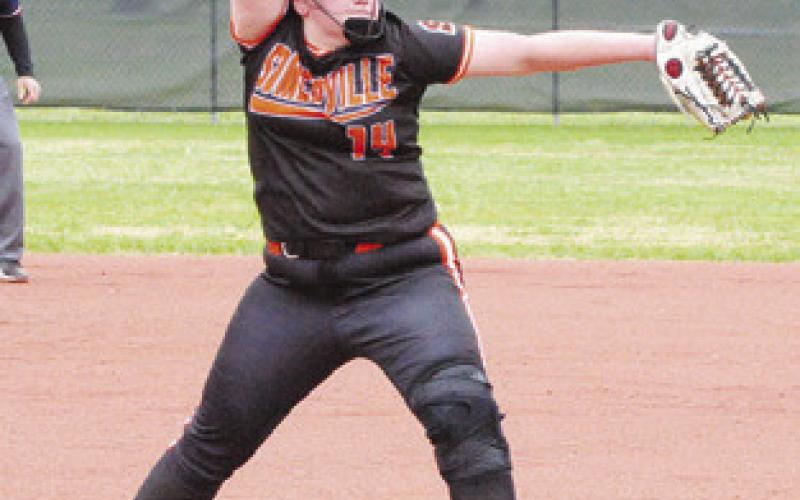 AUBREY KOVASOVIC pitches against Bartlett during the Lady Yegua Softball Tournament.