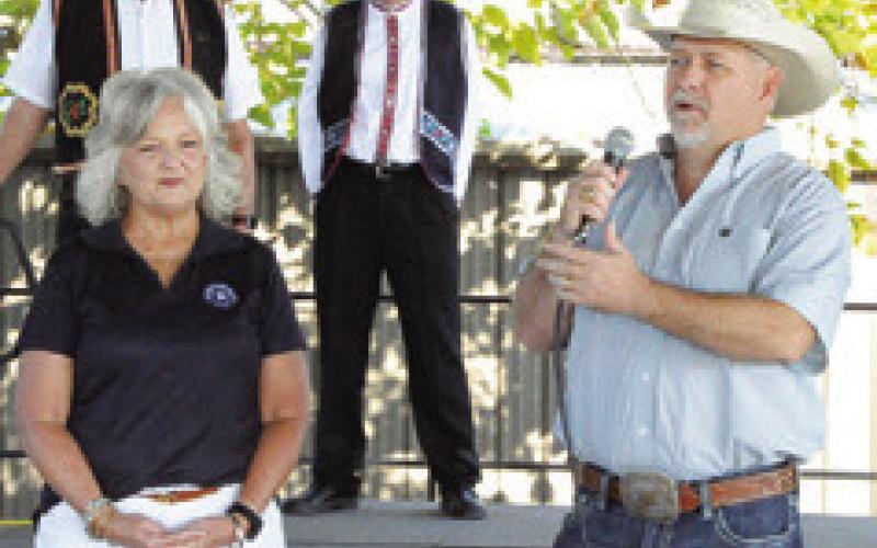 BURLESON COUNTY JUDGE Keith Schroeder and Caldwell Mayor Janice Easter address those attending the Opening Ceremonies of the 40th Annual Kolache Festival on Saturday in downtown Caldwell. Tribune photo by Denise Squier