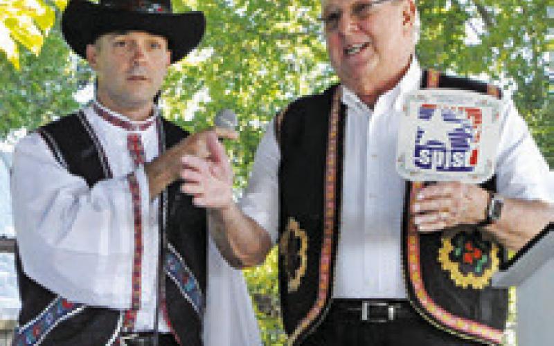ZACH ZGABAY AND JOE RYCHLIK were the masters of ceremonies during the Opening Ceremonies of this year’s Kolache Festival. Tribune photo by Denise Squier