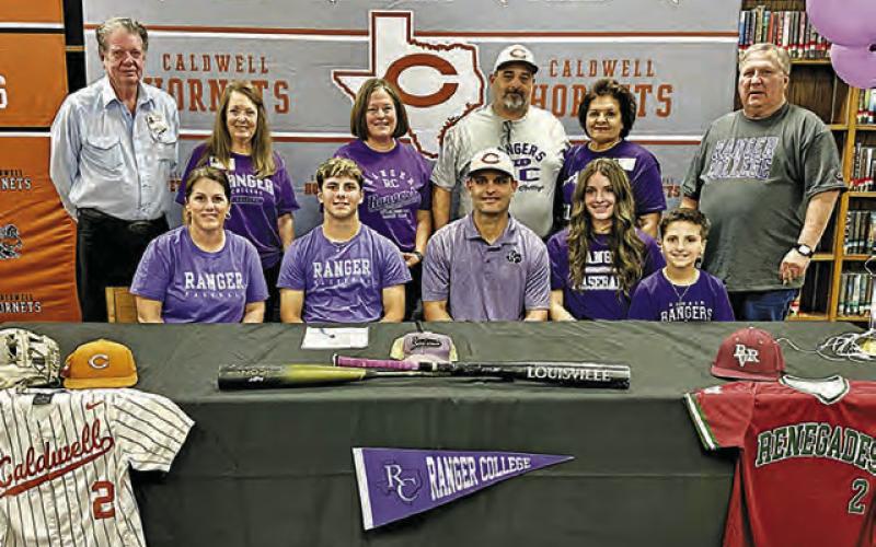 CALDWELL HIGH SCHOOL baseball player Blane Garza recently signed his letter of intent to continue his baseball career at Ranger College in Ranger. Last season, the Rangers were 33-23 overall and 16-16 in the NJCAA. Also, head baseball coach Scott Norwood earned his 600th career win on May 1. -- Photo courtesy of Tammie Novosad, CISD