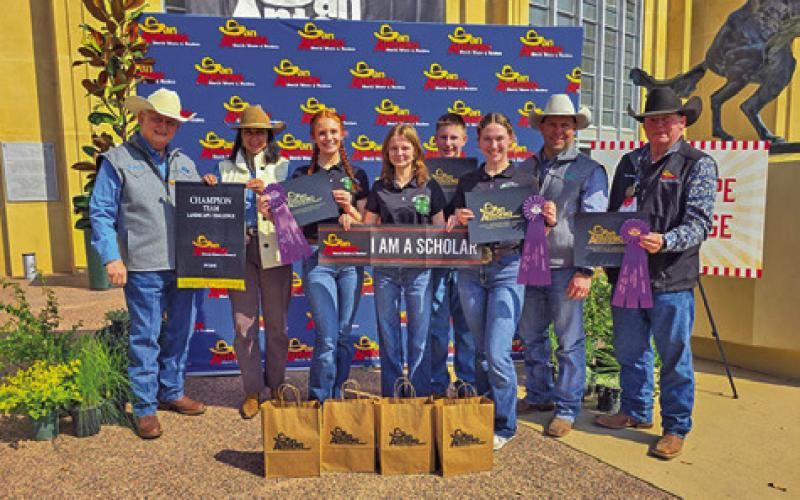 THE BURLESON COUNTY 4-H Landscape Challenge Team won at SALE for the sixth year in a row. This year’s team members included Cayle Canon, Haley Sears, Keslee Canon and Ava Fry. Cayle Canon and Ava Fry have now both reached the $20,000 in maximum scholarships from SALE. Photo courtesy of Megan Rogers