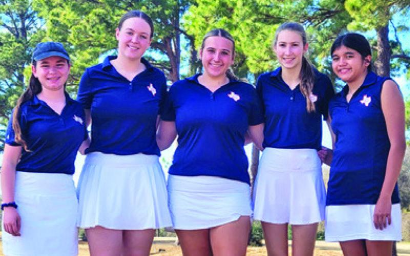 THE CALDWELL LADY Hornets golf team members include, from left, Brandy Gillar, Alison Krueger, Tanzley Johnson, Madilyn Schneider and Patsy Pineda. The Lady Hornets placed second at the tournament.