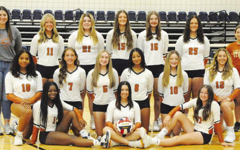 THE 2023 CALDWELL LADY HORNET JUNIOR varsity volleyball team is, from left, back, Coach Jayme Kana, Molly Meadows, Hannarea Clark, Kaely Brown, Larissa Foster, Emily Smith, Kaylee Crump, middle, Avelynn O’Riley, Kylie Vogler, Kinley Kubieck, Mercy Chollett, Kiera Wolf, Tanzley Johnson, front, Amoree Denson, Makayla Jantzen and Adeline Hicks.