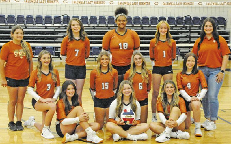 THE 2023 CALDWELL LADY HORNET FRESHMAN volleyball team is, from left, back, Kaylee Crump, Kailey Simon, Jaylen Fisher, Lucy Ferguson, Coach Delaney Loosemore, middle, Jolee Telschow, Maddie Faust, Fawn McDaniel, Natalie Smith, front, Alexa Drew, Kamryn Hill and Emory Vollentine. -- Tribune photo by Denise Squier