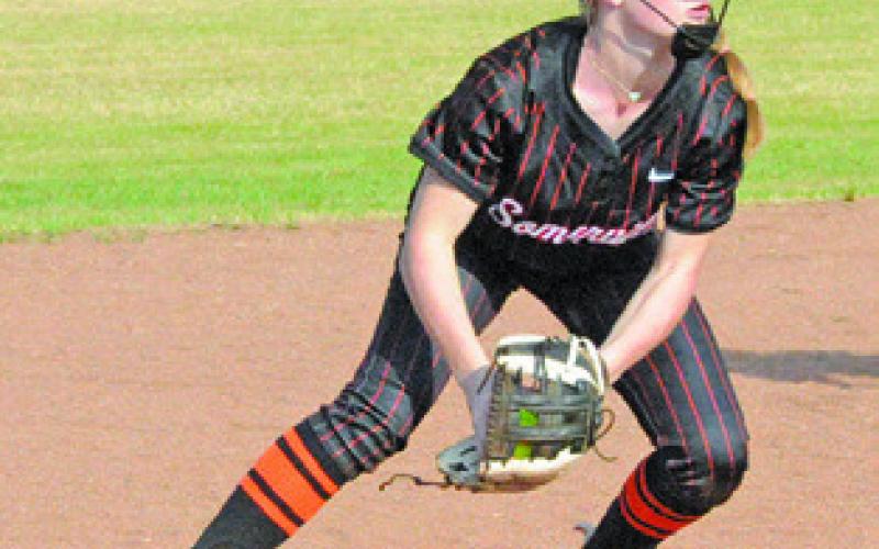 AUBREY FLENCHER fields the ball during the Lady Yeguas’ win over Leon on Thursday. Tribune photo by Denise Squier