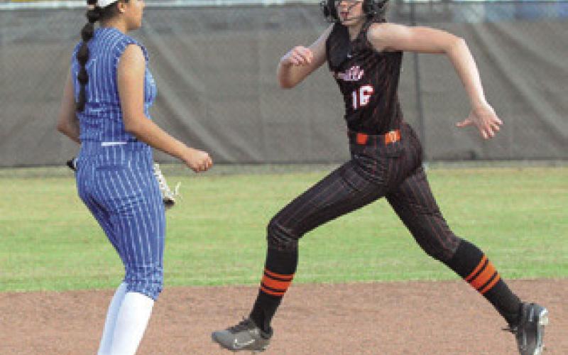 SOMERVILLE’S ABIGAIL RICHARDSON rounds second base during the Lady Yeguas’ win over Leon last Thursday afternoon. Tribune photo by Denise Squier