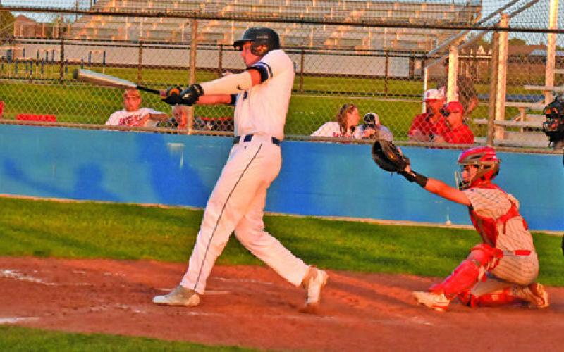 BRAYDEN MACIK OF the Snook Bluejays bats against Burton last Friday in Snook. Tribune photo by Roy Sanders