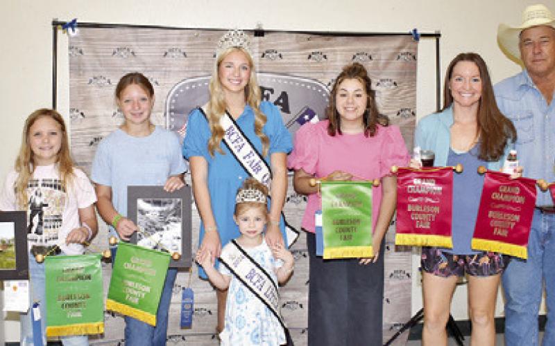AVA ENCKHAUSEN WON grand champion in senior photography, Alexa Johnson in intermediate photography, Maddie Johnson in junior photography, Nicole Hejl in multiple categories and is also pictured with B.J. Hejl for the grand family exhibit “Hejl’s Garden.” Also pictured is Burleson County Fair Queen Hadleigh Novosad and Fair Queen Avery Grace Freeman.
