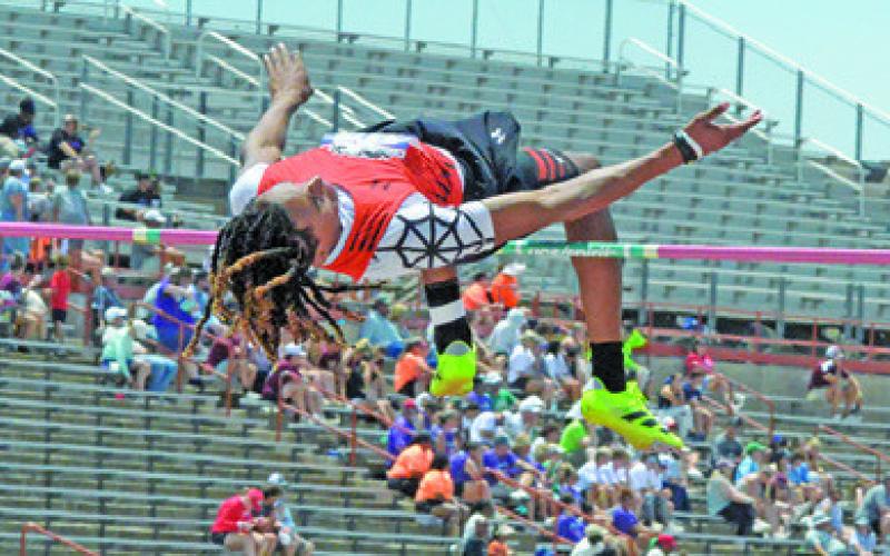 SOMERVILLE’S JEREMY VELA clears 6 feet 9 inches in the Class 2A boys high jump on Friday during the UIL State Track &amp;amp; Field Meet. Tribune photo by Denise Squier