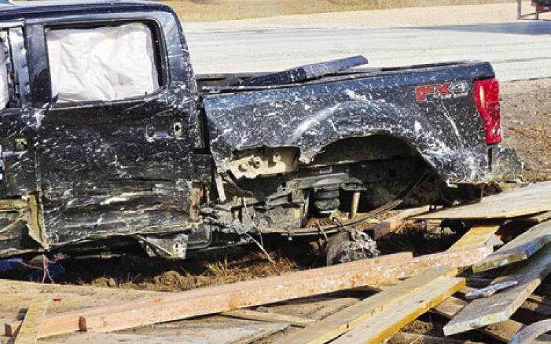 THIS FORD F-250 pickup was damaged in the Oct. 31 accident near the F.M. 60 East and F.M. 3058 intersection. Photo courtesy of Snook Volunteer Fire Department