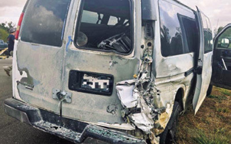 THIS CHEVROLET EXPRESS van was damaged on Thursday, Oct. 31, in the accident at F.M. 60 East and F.M. 3058. Photo courtesy of Snook Volunteer Fire Dept.