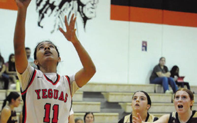ANETTE REYNA takes a shot inside the paint during the Somerville-Milano game on Friday. Tribune photo by Denise Squier