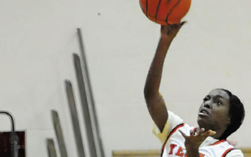 JANAYA ISOM scores two of her 16 points against Milano during Somerville’s home win over the Lady Eagles Friday afternoon. Tribune photo by Denise Squier