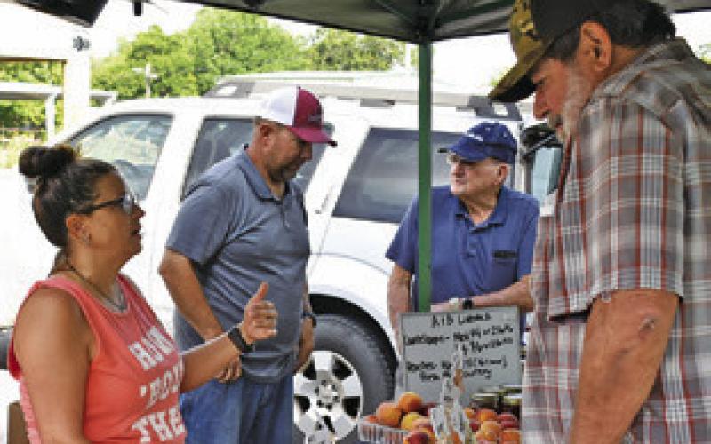 ALISA HAIRSTON, LEFT, talks to customers on Saturday at the Farmers Market in Caldwell.