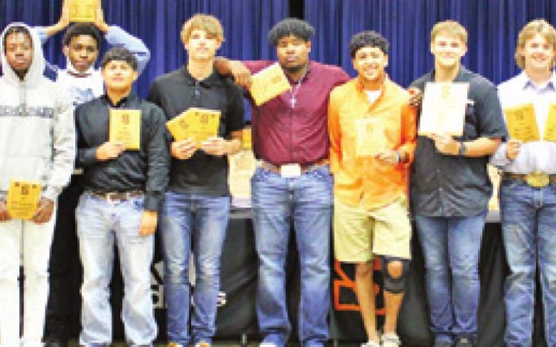 SOMERVILLE HIGH BOYS award winners included, from left, Verkoby Woodberry, Andrew Vasquez, Dameon Bryant, Javen Henderson, Isaac Sanchez, Johnny Legg, Caden Espinoza, Victor Orozco, Payton Sprouse, Ross DuBois, Cullen Sablatura and Ian Teague.