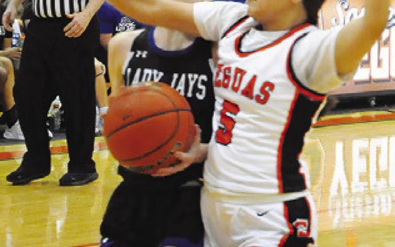 DAKOTA KIENOW is fouled by Emily Garza during the Snook-Somerville game last week. Tribune photo by Denise Squier