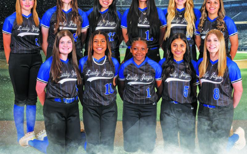 THE 2025 LADY JAY SOFTBALL TEAM is, from left, front Kalyn Cooper, Jazmena Perez, Braynija Pool, Lesly Vasquez-Ramirez, Kiley Price, back. Kaylie Holden, Heidi Janac, Maytte Arredondo Nino, Azul Ramos, Aubrey Becker and Marissa Batiste.